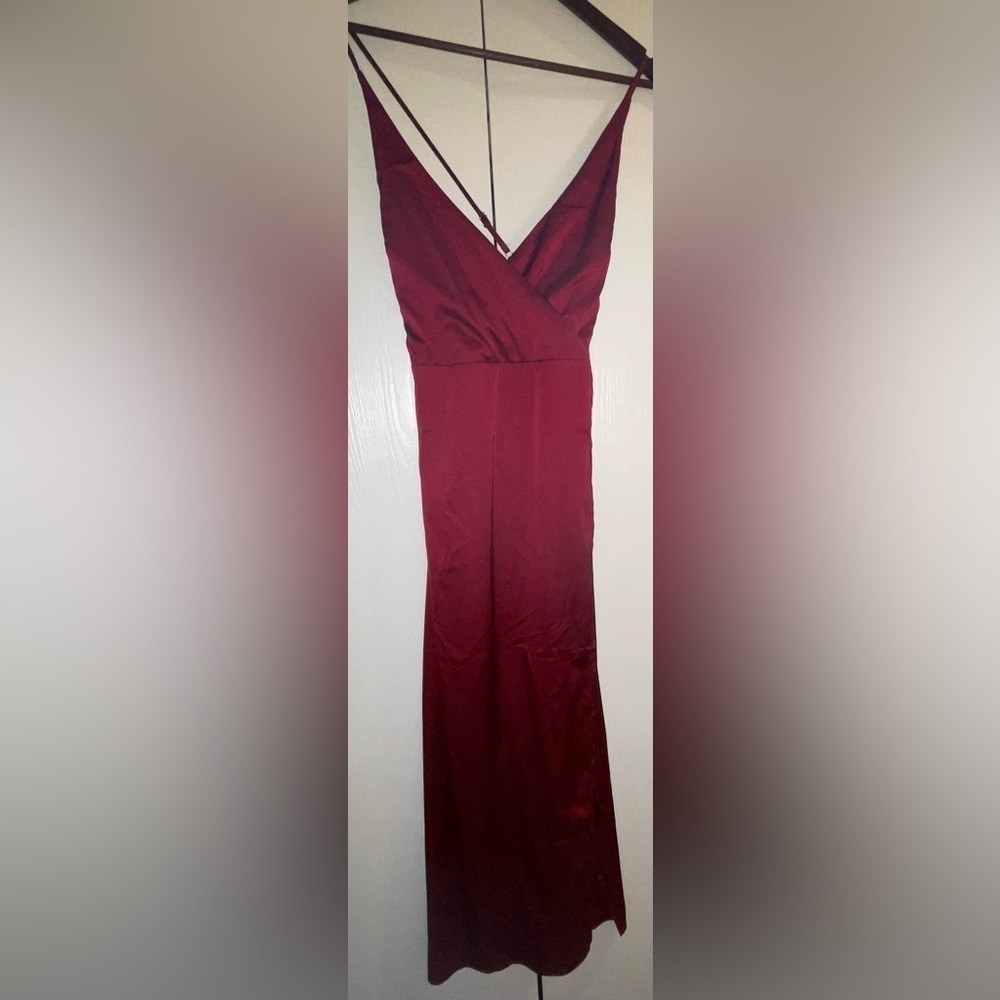 Lumiere Burgundy Satin Midi Wrap-Style Dress Small NWT
